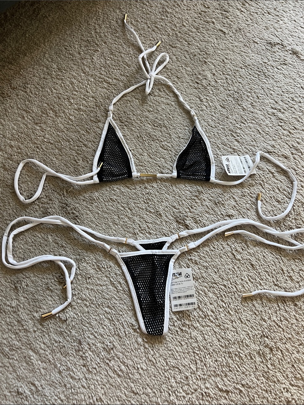 Black Mesh Triangle Bikini with White Trim